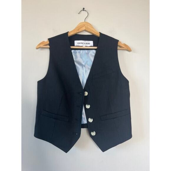 NEW Veronica Beard Bennett Linen Blend Half Belt Twill Vest Black Size: 2 - Picture 2 of 7